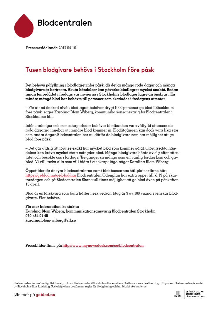 Tusen blodgivare behövs i Stockholm före påsk