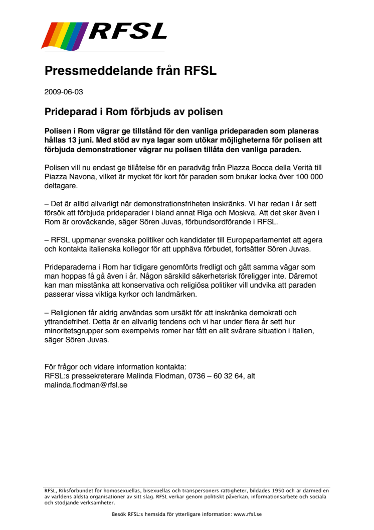 Prideparad i Rom förbjuds av polisen