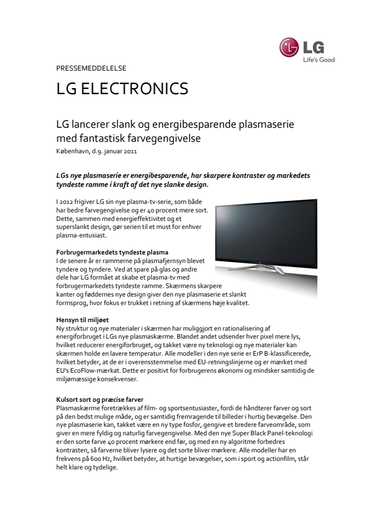 LG lancerer slank og energibesparende plasmaserie med fantastisk farvegengivelse