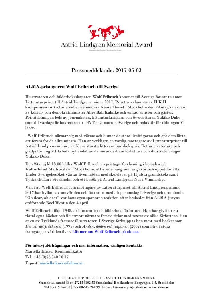 ALMA-pristagaren Wolf Erlbruch till Sverige