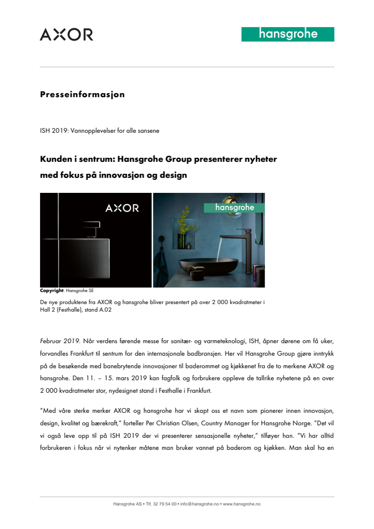 Kunden i sentrum: Hansgrohe Group presenterer nyheter  med fokus på innovasjon og design 
