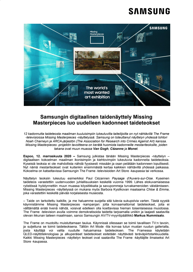 Samsungin digitaalinen taidenäyttely Missing Masterpieces luo uudelleen kadonneet taideteokset