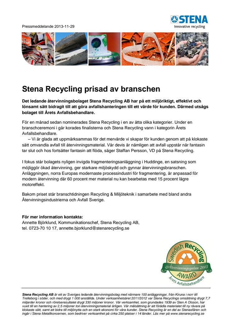 Stena Recycling prisad av branschen