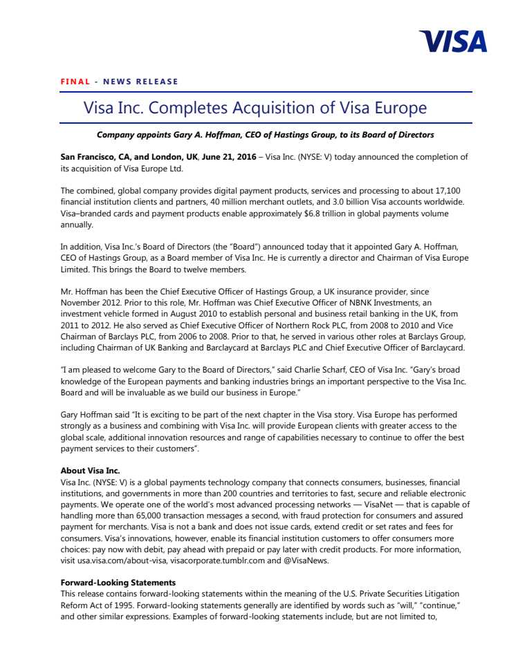 Visa Inc. Completes Acquisition of Visa Europe