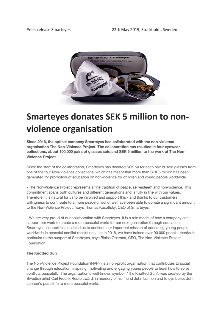 Smarteyes donates SEK 5 million to non-violence organization