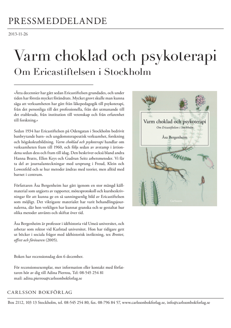 Varm choklad och psykoterapi – om Ericastiftelsen i Stockholm