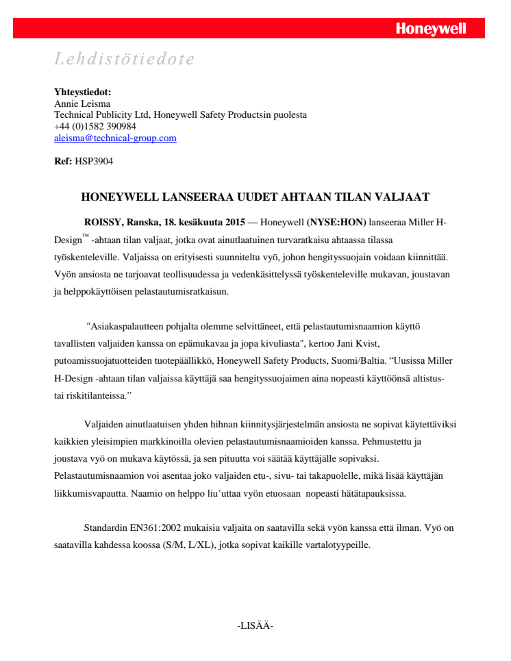 Honeywell lanseeraa uudet ahtaan tilan valjaat 