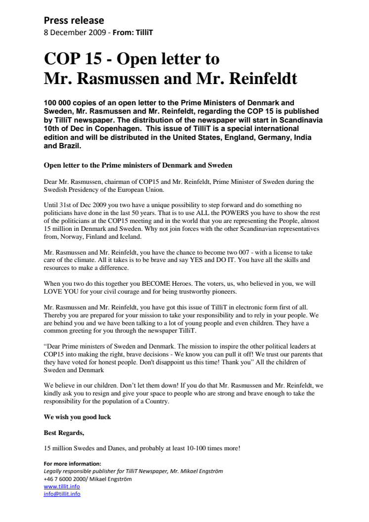COP 15 - Open letter to  Mr. Rasmussen and Mr. Reinfeldt