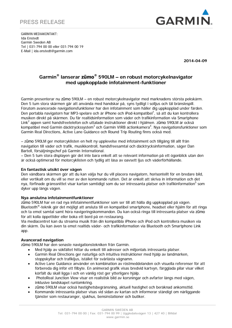 Garmin® lanserar zūmo® 590LM – en robust motorcykelnavigator med uppkopplade infotainment-funktioner