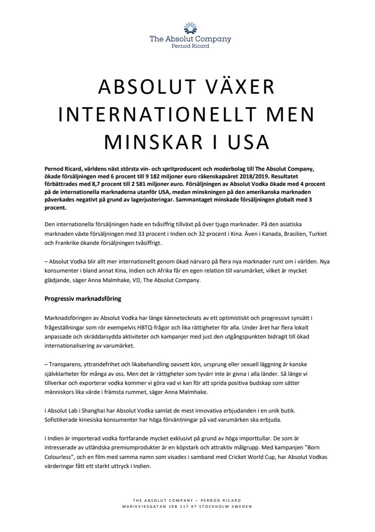 Absolut växer internationellt men minskar i USA