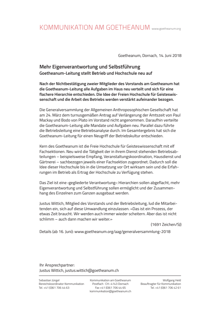 Mehr Eigenverantwortung und Selbstführung. ​Goetheanum-Leitung stellt Betrieb und Hochschule neu auf
