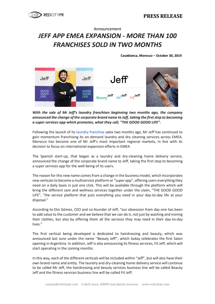 JEFF APP EMEA EXPANSION - MORE THAN 100 FRANCHISES SOLD IN TWO MONTHS