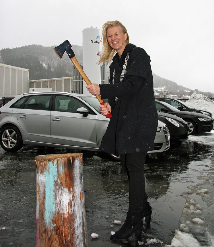 Ordfører i Fræna kommune, Tove Henøen, mått naturlig vis svinge øksa da flisfyringsanlegget ble offisielt åpnet. (Foto: Øystein Syrstad)