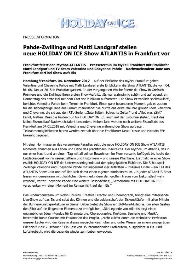 Pahde-Zwillinge und Matti Landgraf stellen neue HOLIDAY ON ICE Show ATLANTIS in Frankfurt vor