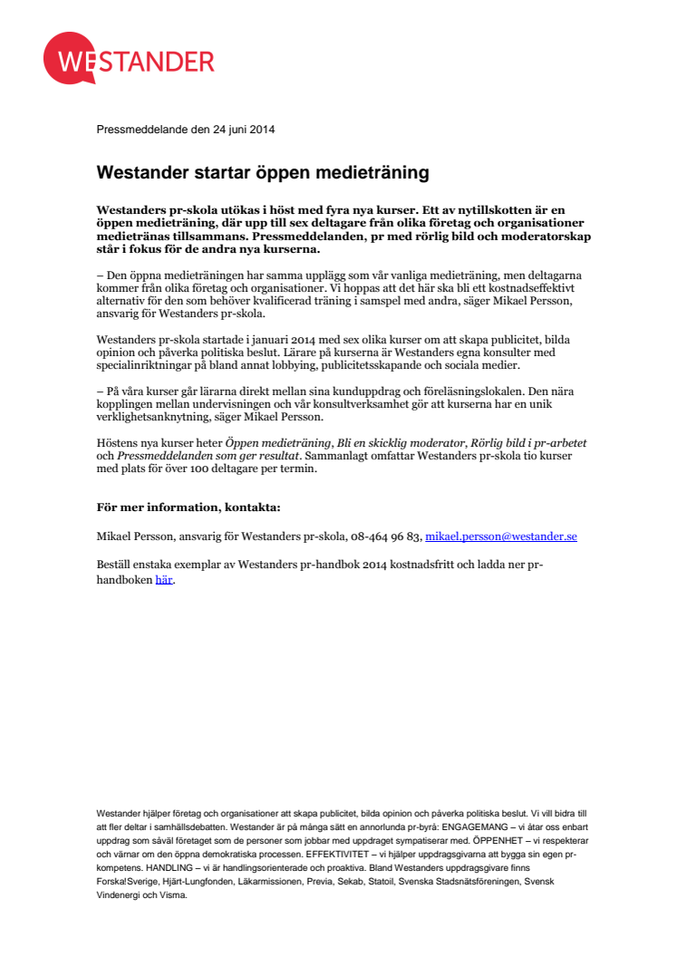 Westander startar öppen medieträning