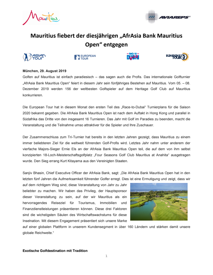 Pressemitteilung_Mauritius_Golfturnier AfrAsia Bank Mauritius Open 2019
