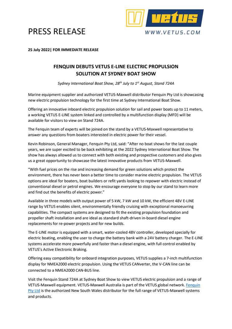 25 July 2022 - Fenquin Debuts VETUS E-LINE Electric Propulsion at Sydney.pdf