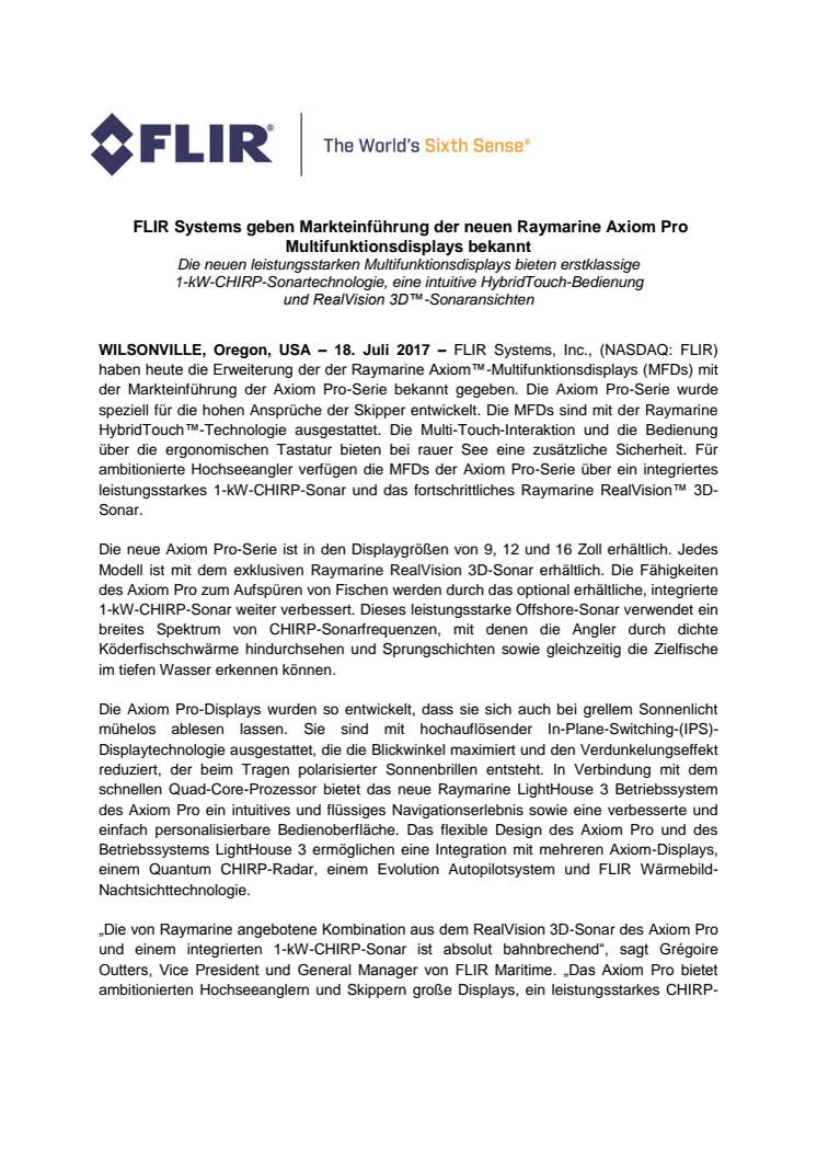 Raymarine:  FLIR Systems geben Markteinführung der neuen Raymarine Axiom Pro Multifunktionsdisplays bekannt