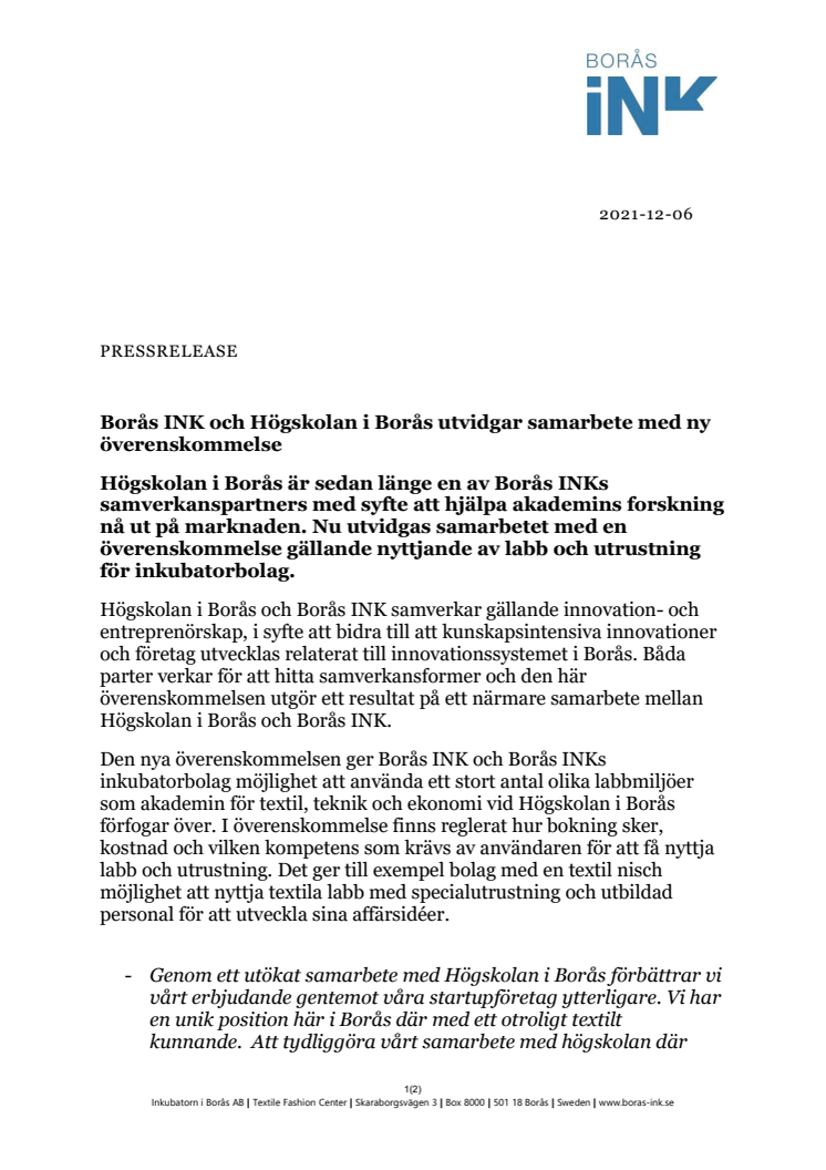 PM - Borås INK och Högskolan i Borås utvidgar samarbete med ny överenskommelse_AB.pdf