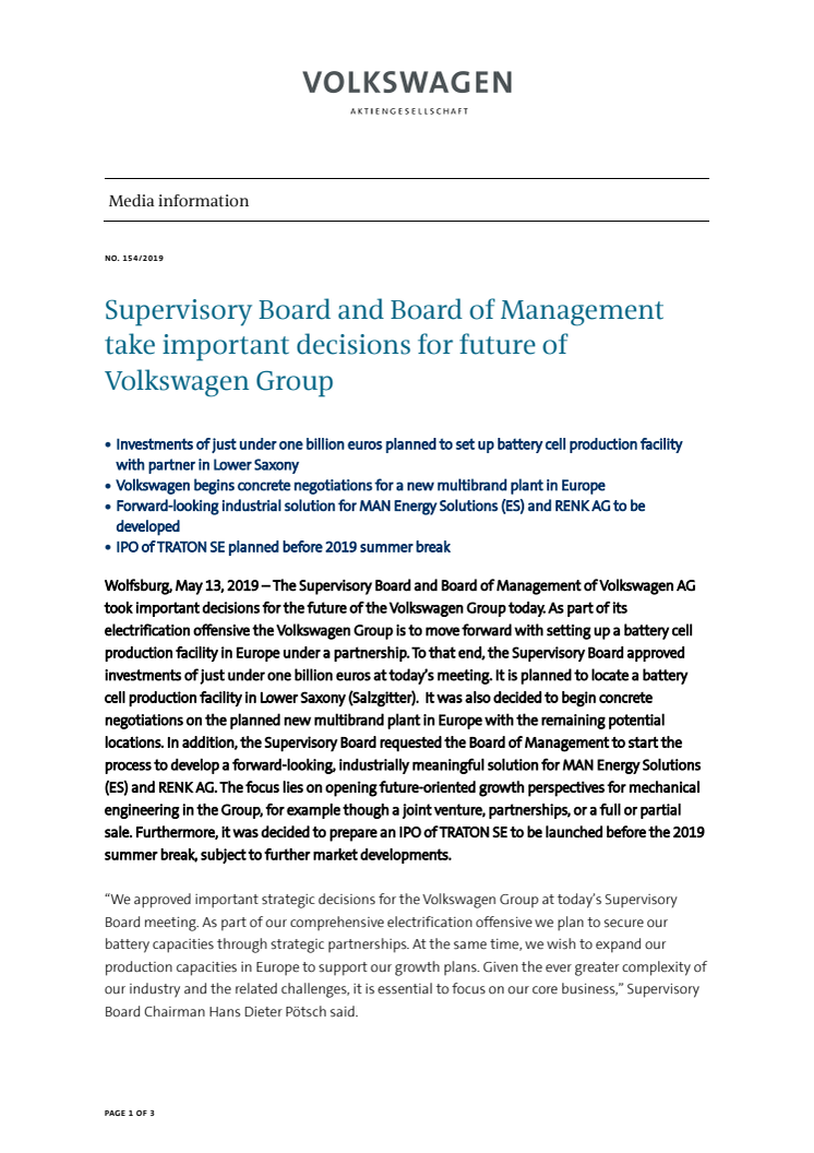 Supervisory Board and Board of Management take important decisions for future of Volkswagen Group