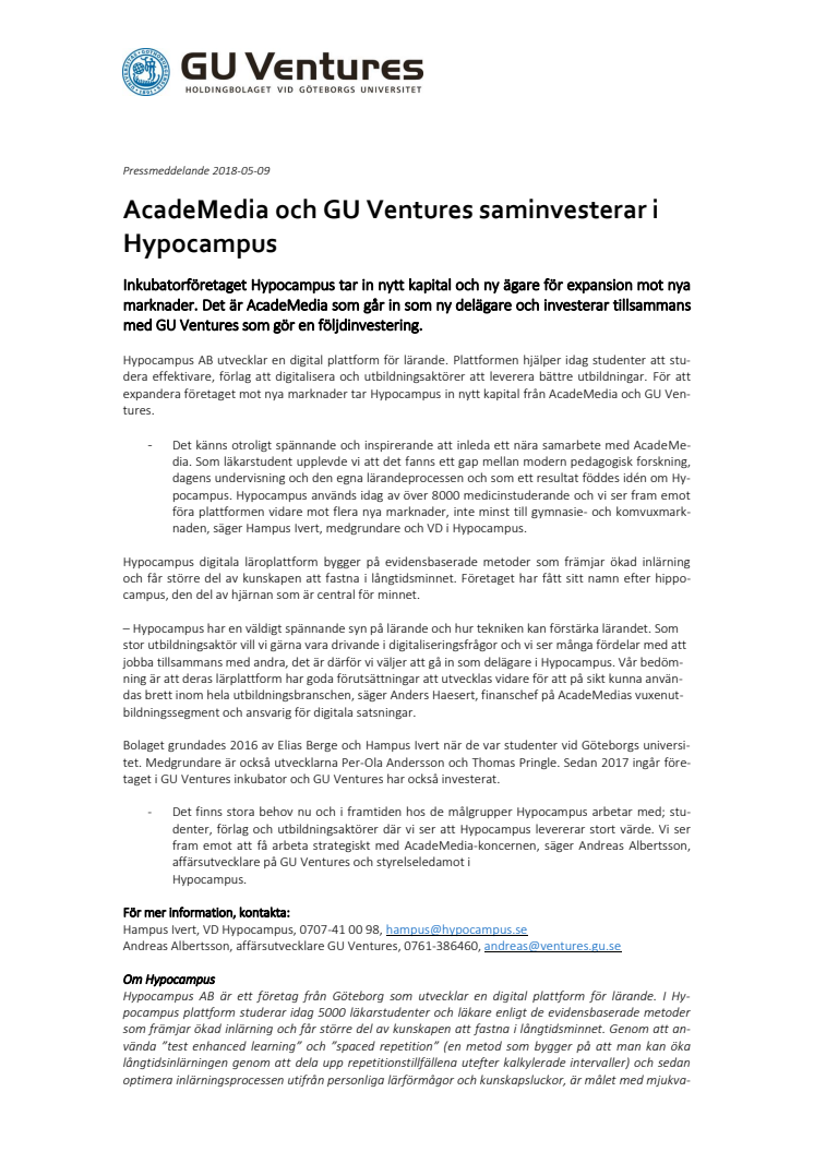 AcadeMedia och GU Ventures saminvesterar i Hypocampus