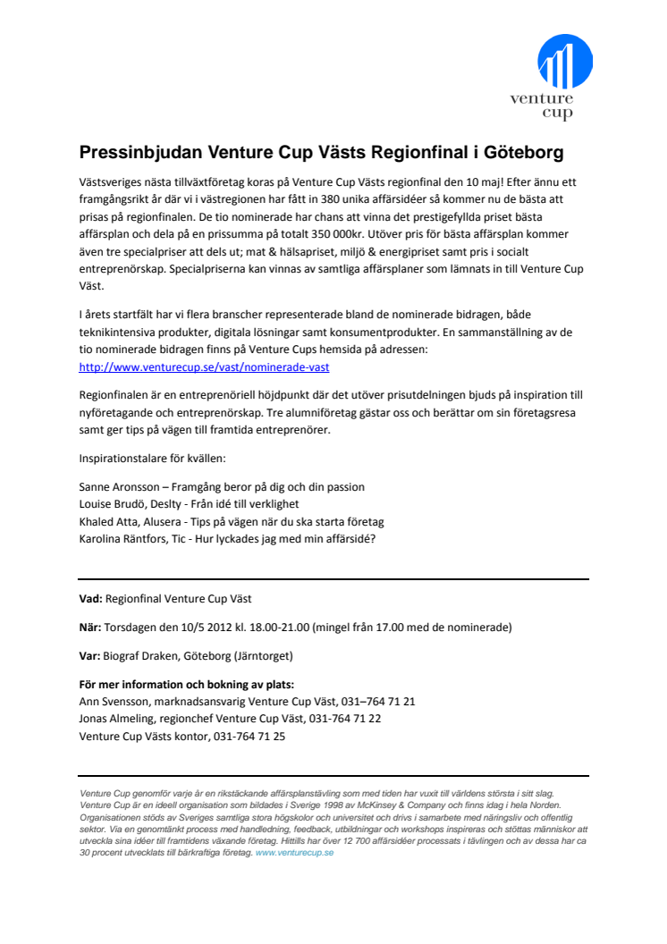 Pressinbjudan Venture Cup Västs Regionfinal i Göteborg