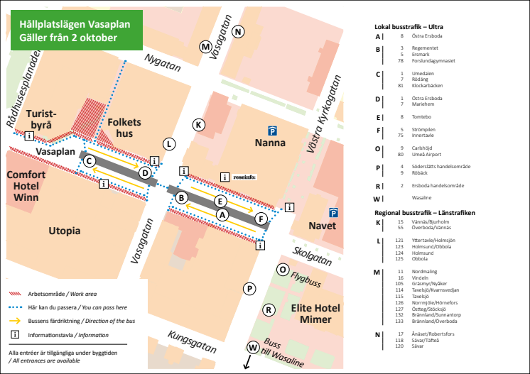 Karta hållplatser Vasaplan från 2 oktober