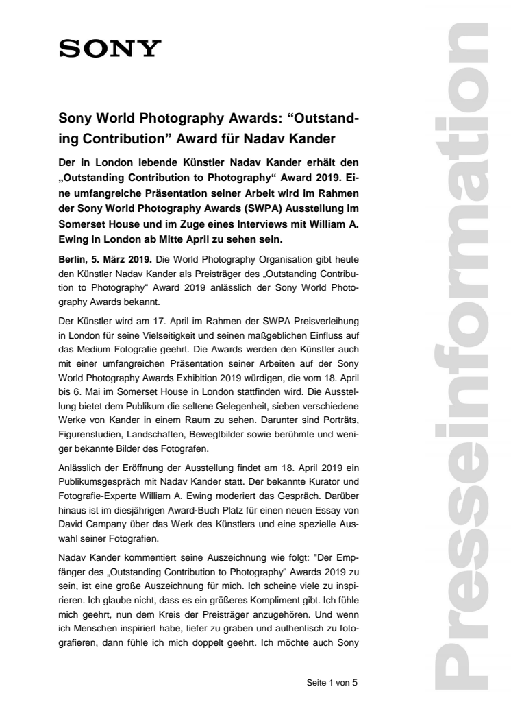 Sony World Photography Awards: “Outstanding Contribution” Award für Nadav Kander