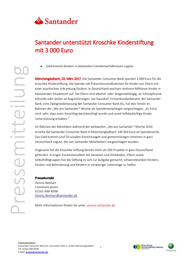 Santander unterstützt Kroschke Kinderstiftung mit 3 000 Euro