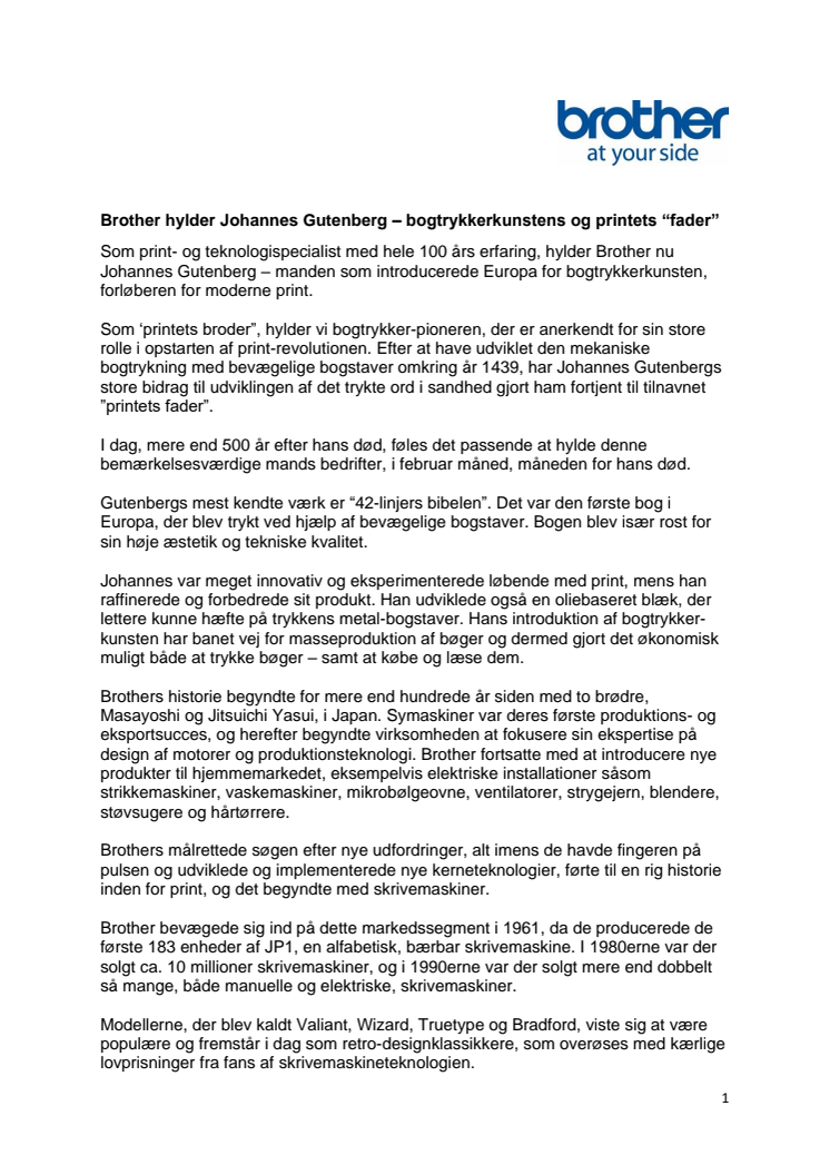 Brother fejrer Johannes Gutenberg - bogtrykkerkunstens  og printets -  "fader"