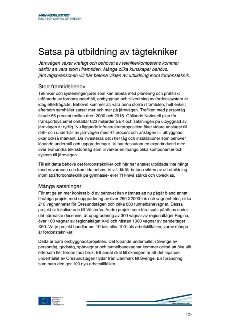 Järnvägsbranschen samlas i upprop, satsa på utbildningar i tågteknik!