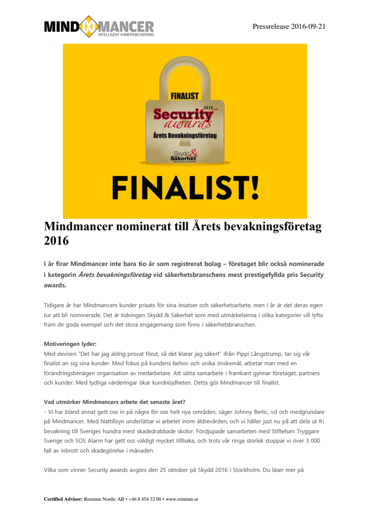 Mindmancer nominerat till Årets bevakningsföretag 2016