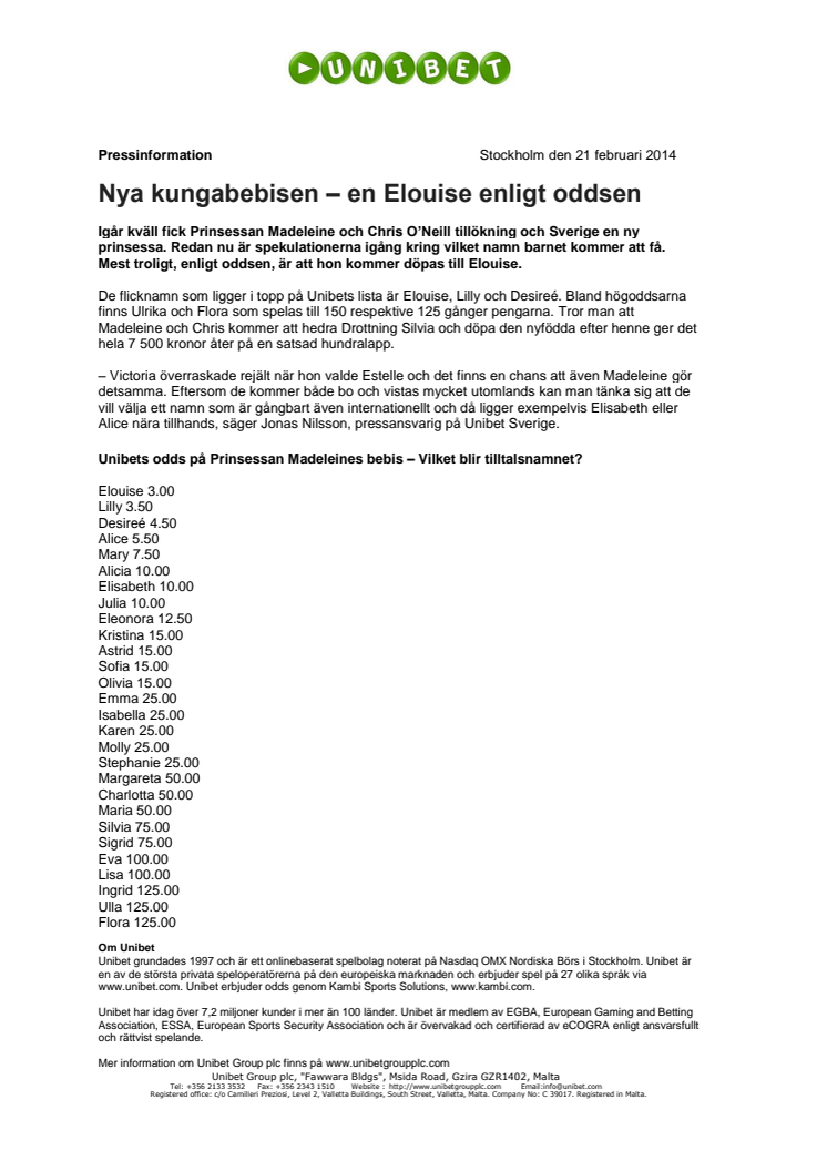 Nya kungabebisen – en Elouise enligt oddsen