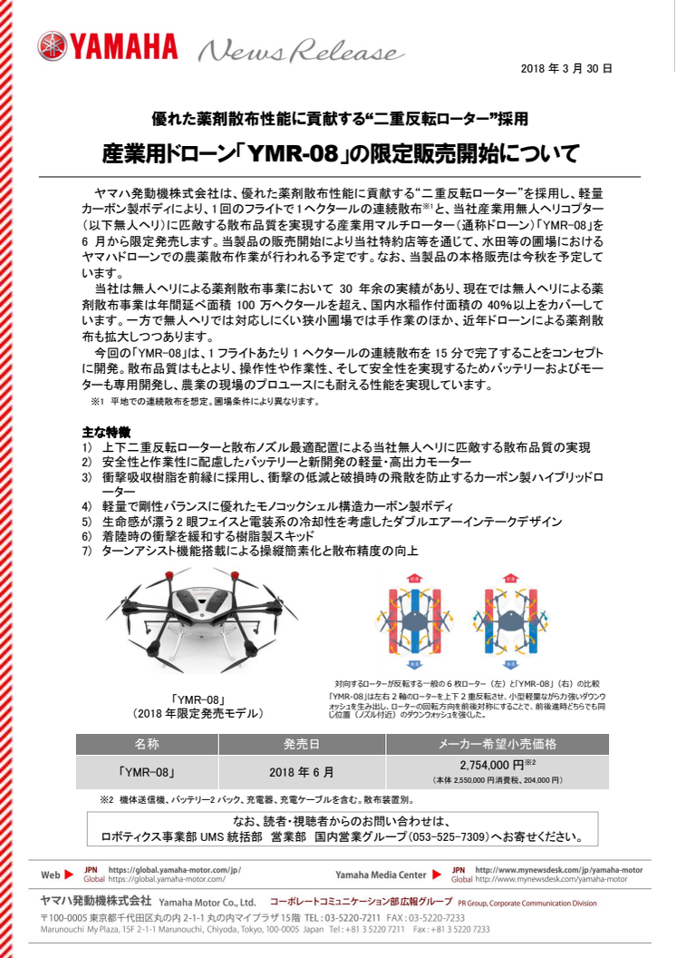 産業用ドローン「YMR-08」の限定販売開始について　優れた薬剤散布性能に貢献する“二重反転ローター”採用