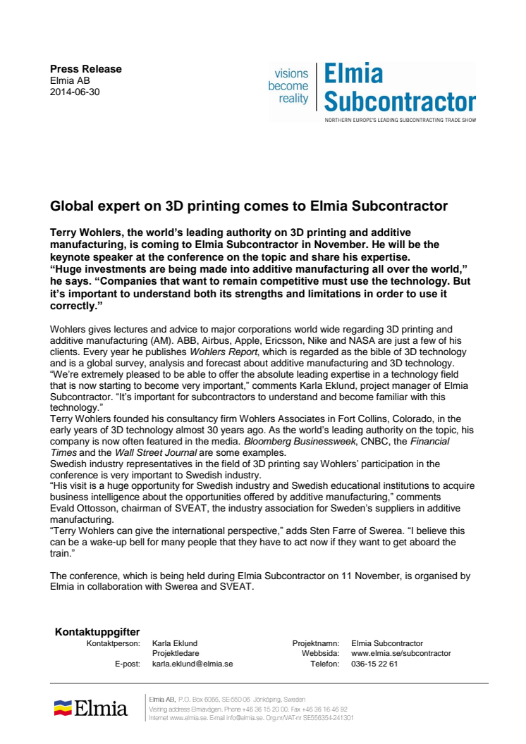 Global expert on 3D printing comes to Elmia Subcontractor