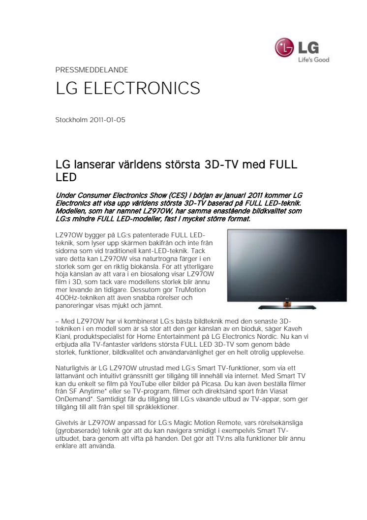 LG lanserar världens största 3D-TV med FULL LED 