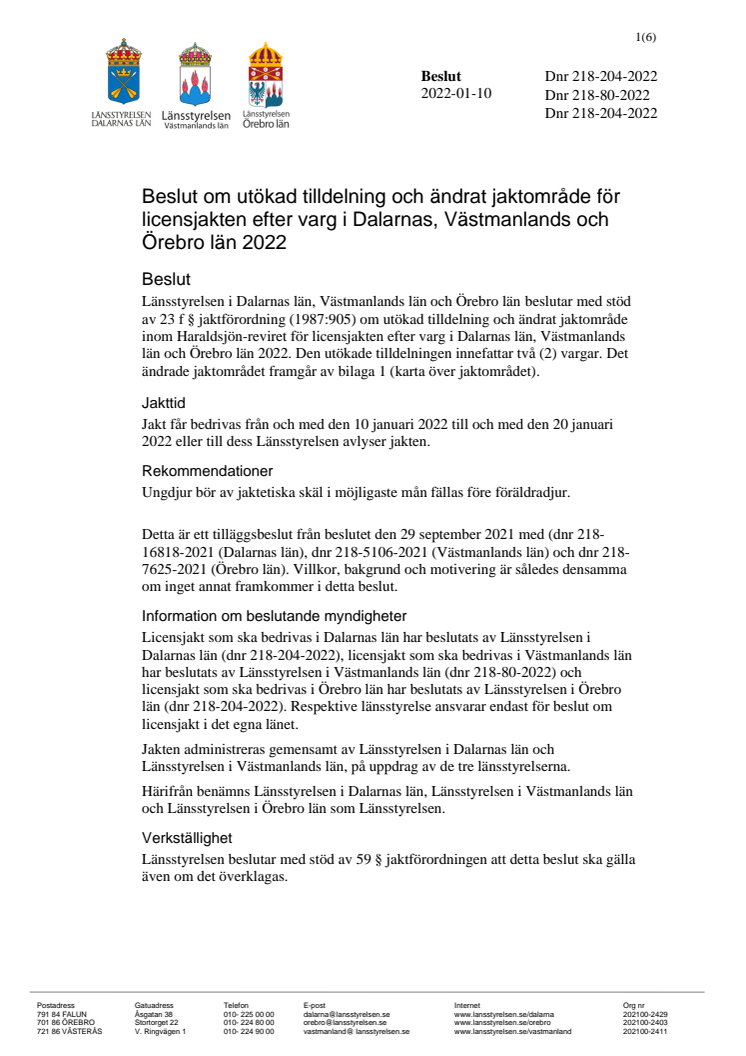 Beslut om utökad tilldelning och ändrat jaktområde för licensjakten efter varg i Dalarnas, Västmanlands och Örebro län 20220110.pdf