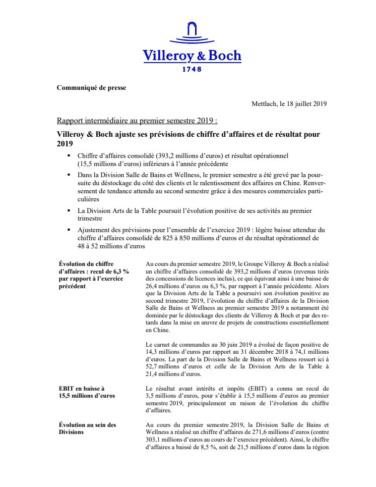 Rapport intermédiaire au premier semestre 2019 : Villeroy & Boch ajuste ses prévisions de chiffre d’affaires et de résultat pour 2019