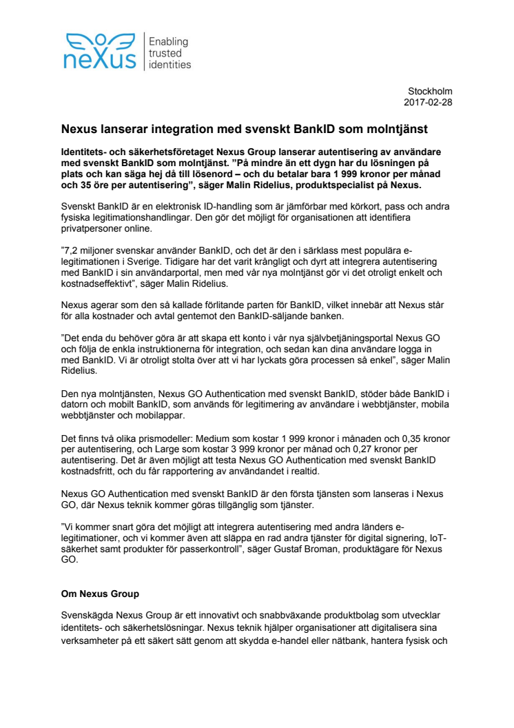 Nexus lanserar integration med svenskt BankID som molntjänst