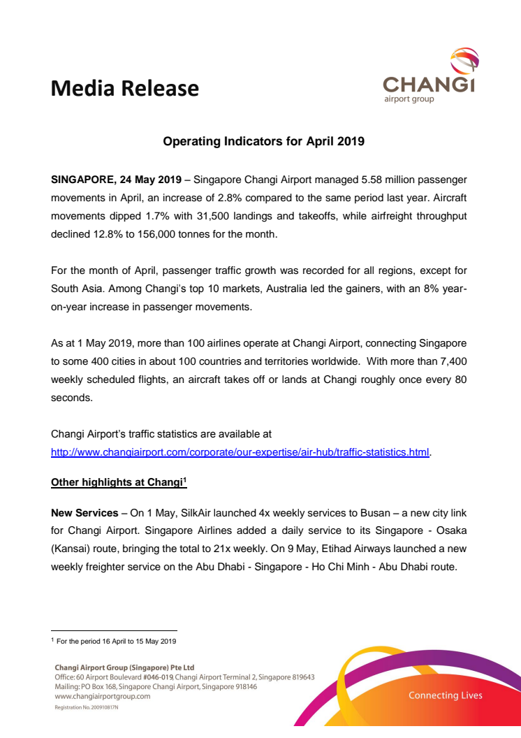 Operating Indicators for April 2019