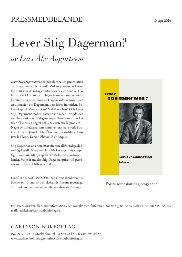 60 år sedan Stig Dagermans död. Ny bok: "Lever Stig Dagerman?"