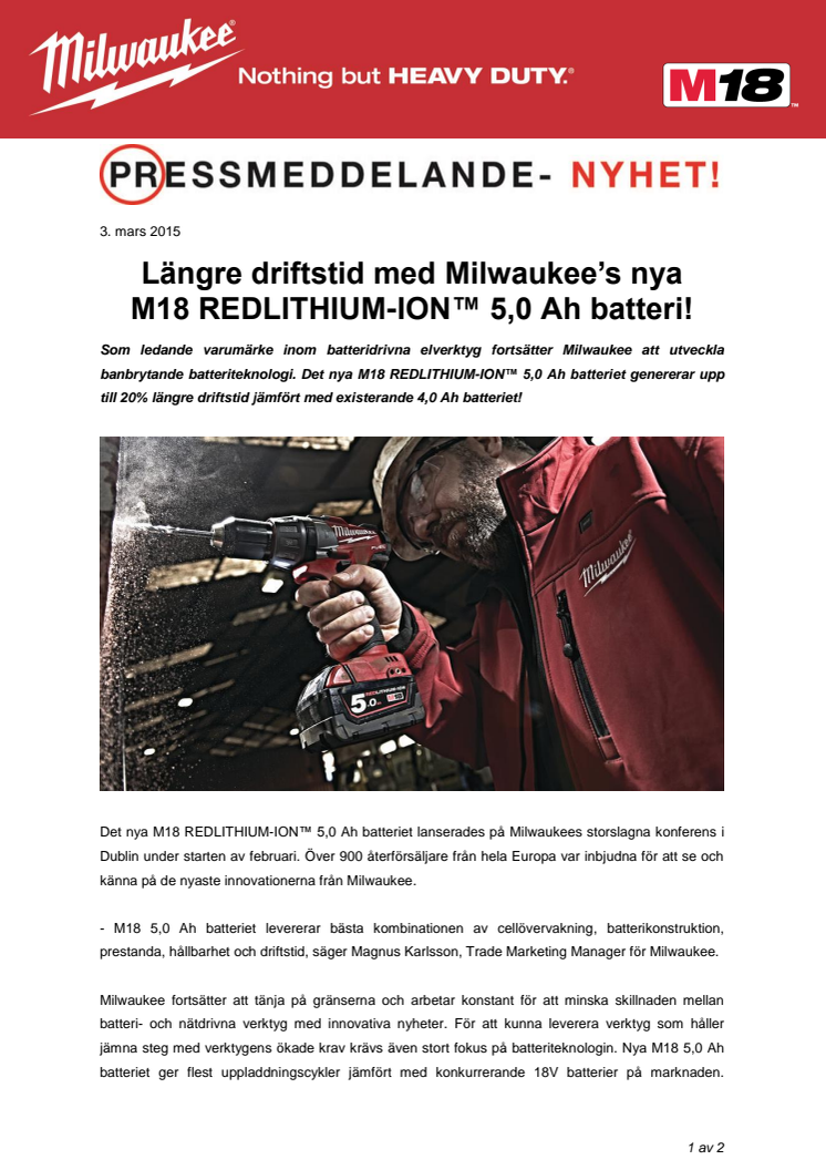Längre driftstid med Milwaukee’s nya M18 REDLITHIUM-ION™ 5,0 Ah batteri!