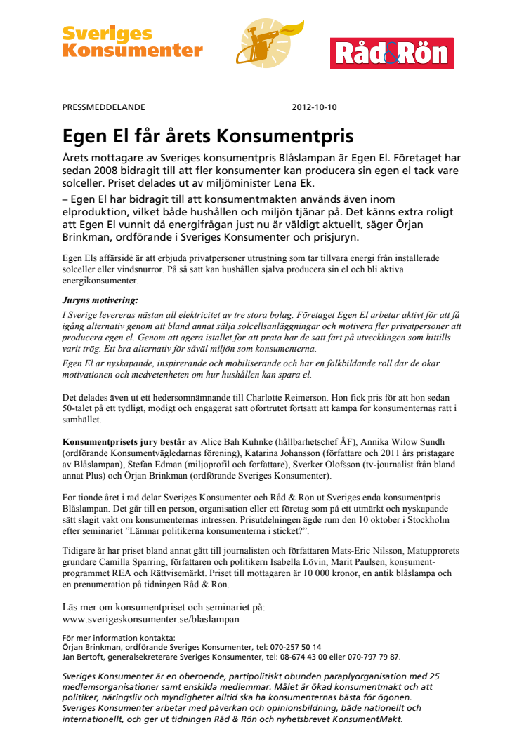 Egen El får årets Konsumentpris