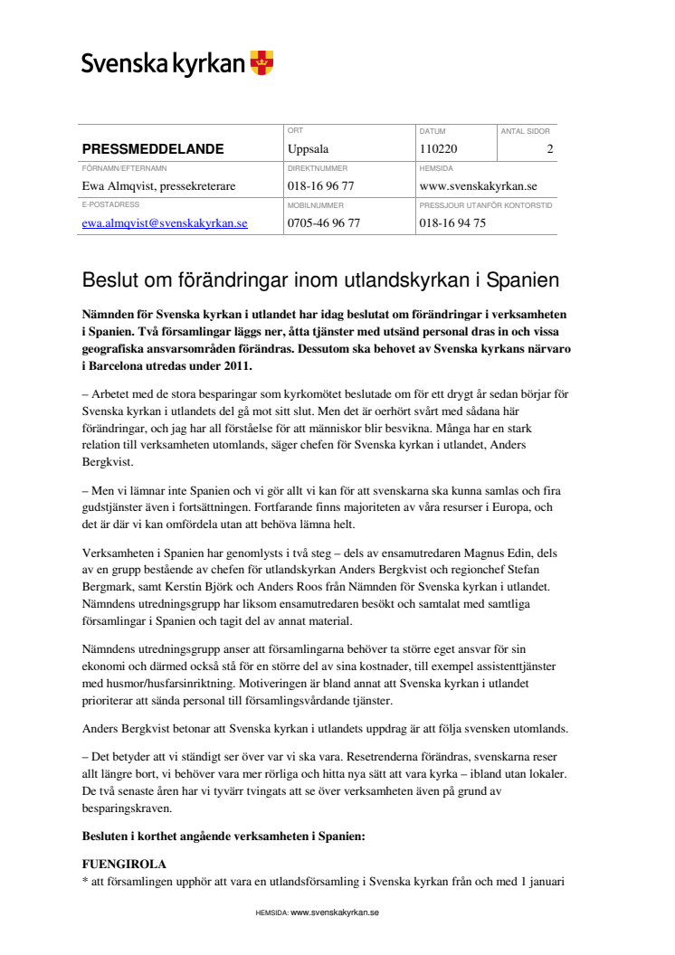 Beslut om förändringar inom utlandskyrkan i Spanien