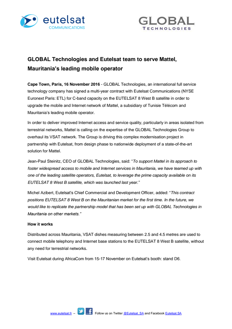 GLOBAL Technologies and Eutelsat team to serve Mattel, Mauritania’s leading mobile operator