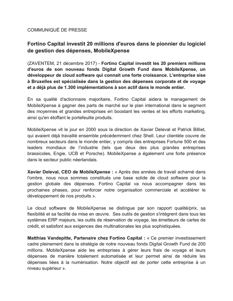Fortino Capital investit 20 millions d'euros dans le pionnier du logiciel de gestion des dépenses, MobileXpense