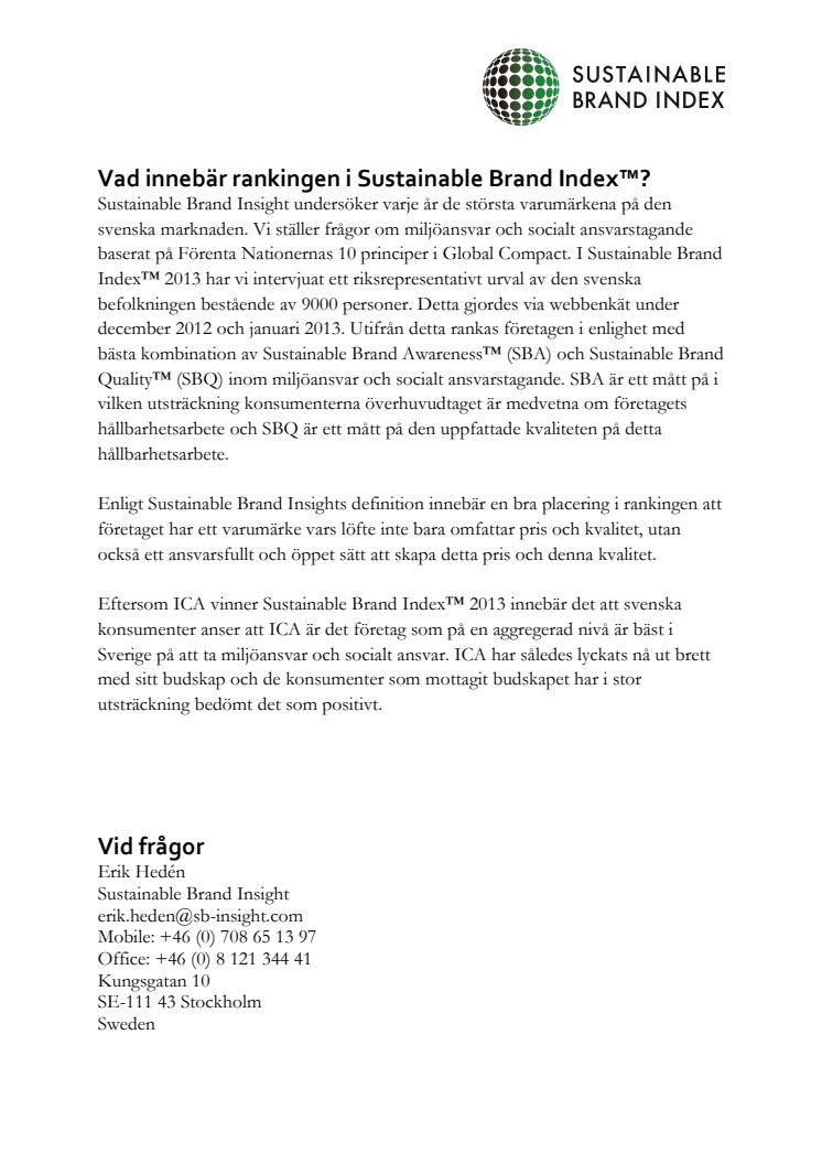 Förklaring till rankingen i Sustainable Brand Index™ 2013