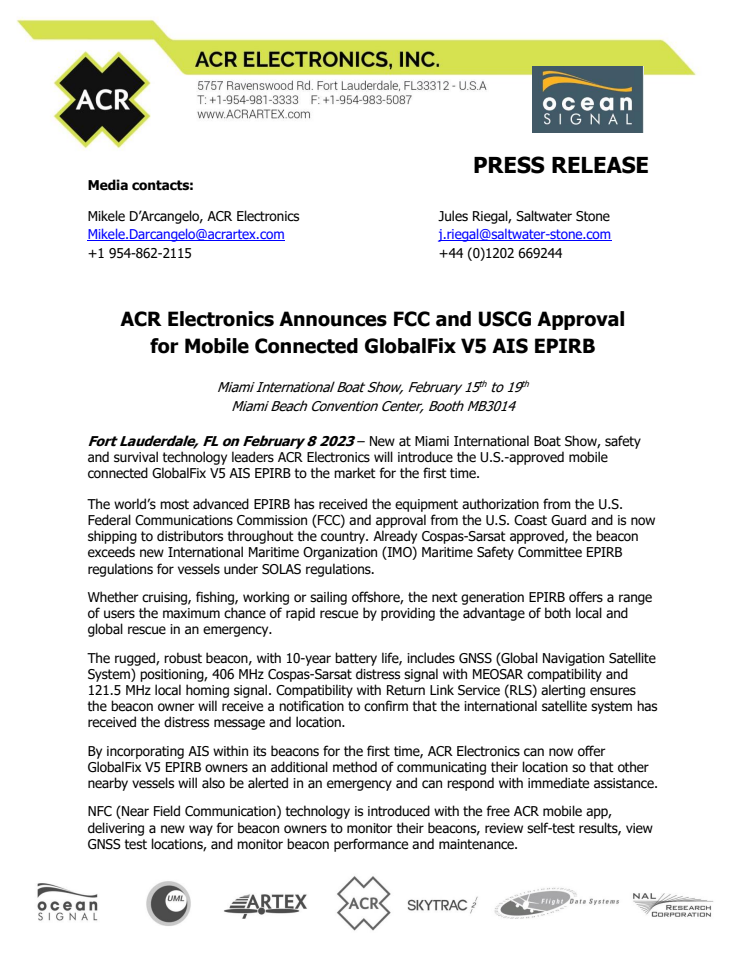 Miami 2023 - ACR Electronics Announces FCC and USCG Approval for Mobile Connected GlobalFix V5 AIS EPIRB.pdf