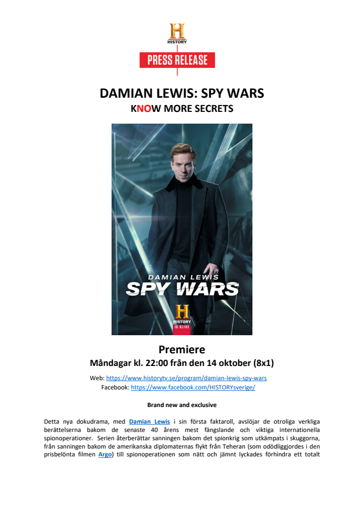 Press Release - DAMIAN LEWIS: SPY WARS
