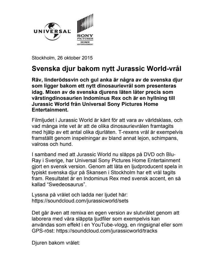 Svenska djur bakom nytt Jurassic World-vrål